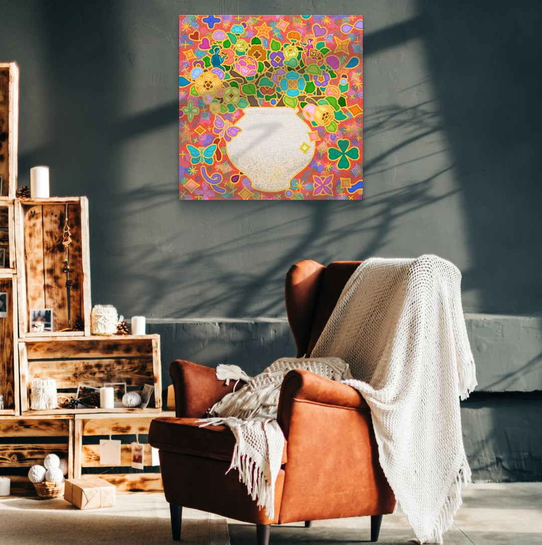 Rainbow Blossom 20-18 by Kim Young-jin displayed in modern living room, original Korean painting 2022