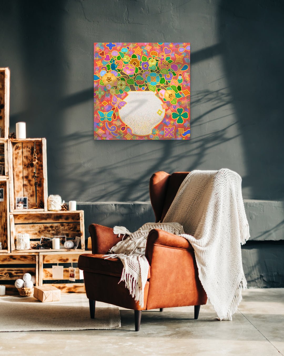 Rainbow Blossom 20-18 by Kim Young-jin displayed in modern living room, original Korean painting 2022