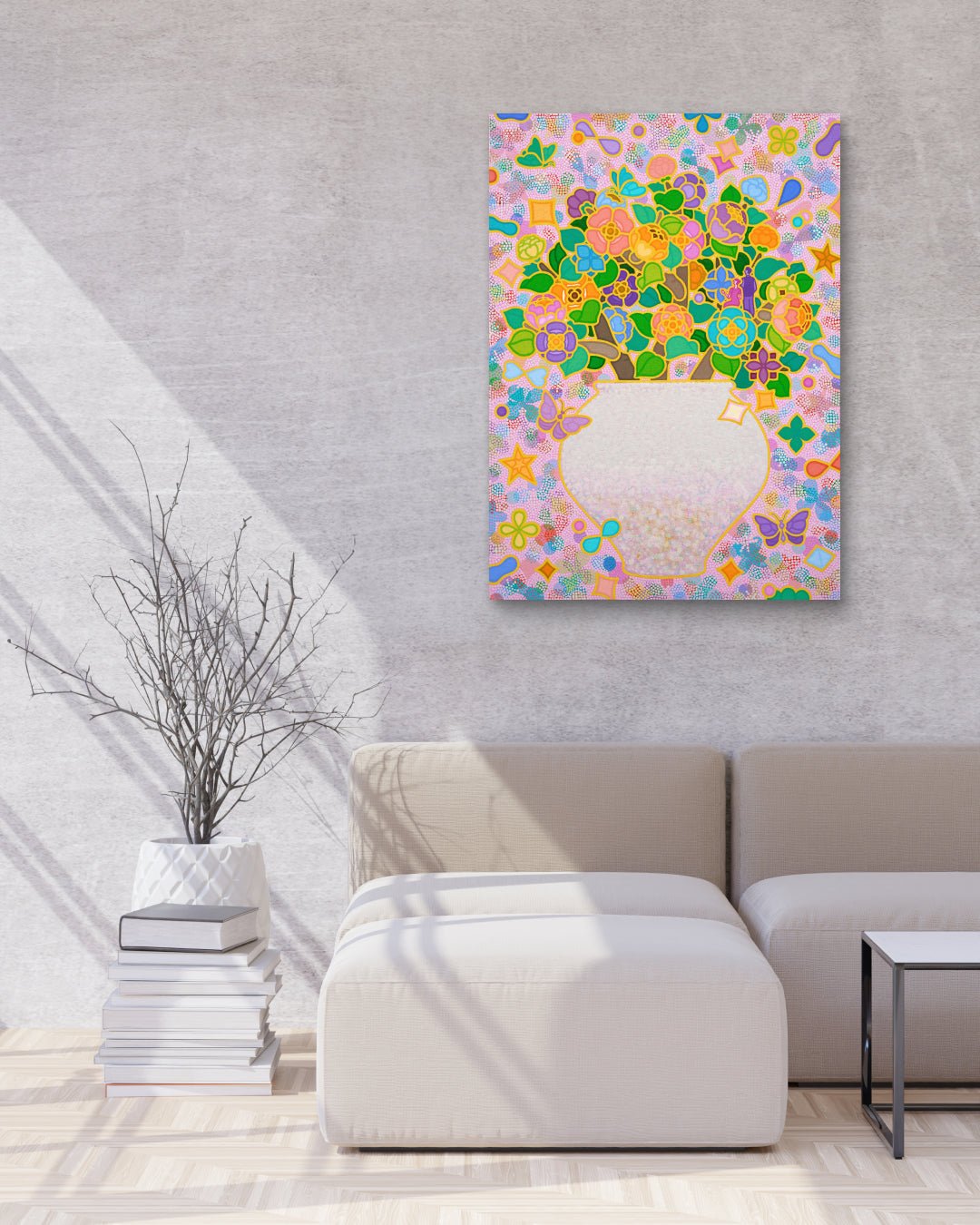 Rainbow Blossom 40-7 by Kim Young-jin displayed in modern living room, original Korean painting 2023
