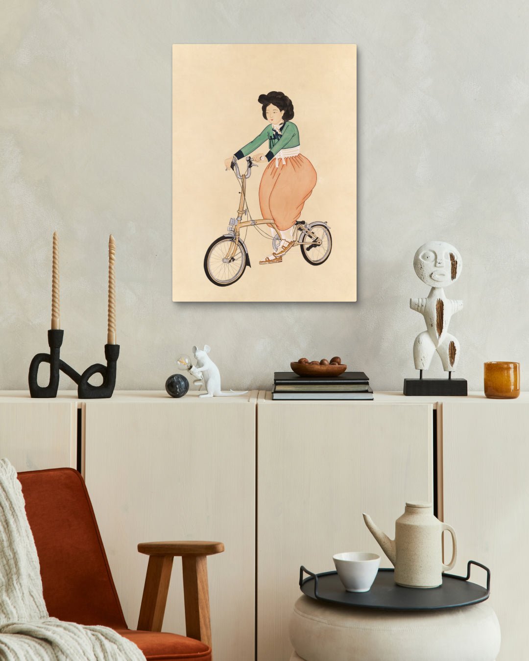 korean art, Reflecting on Life 2 - DOKHBI ARTWORKS Ham Bo Kyung Mixed Media ARTWORKS dokkaebi dokebi k - art Reflecting on Life 2 by Ham Bo Kyung displayed in modern living room, original Korean silk painting 2023 DOKHBI