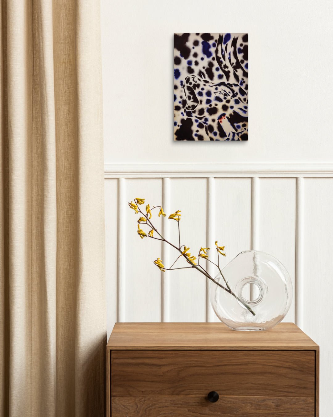 korean art, Seeking Light in a Life Like Polar Night - DOKHBI $1000 ARTWORKS KIM JEONG YONG ARTWORKS dokkaebi dokebi k - art Seeking Light in a Life Like Polar Night by KIM JEONG YONG displayed in modern living room, original Korean ballpoint pen drawing 2023 DOKHBI