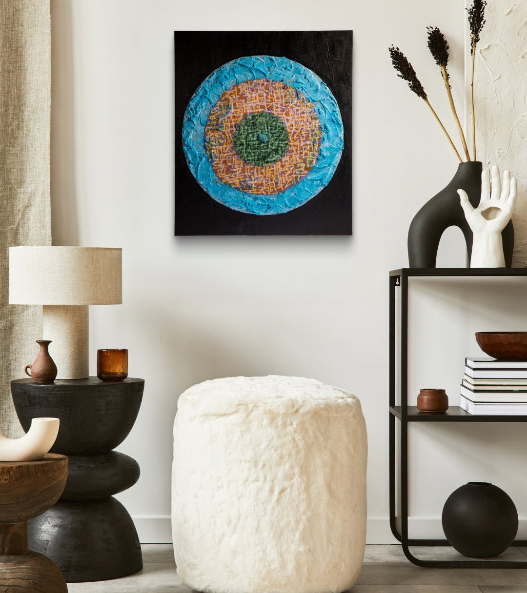 Sympathy-07 by PAN YUNMAN displayed in modern living room, original Korean mixed media painting 2025