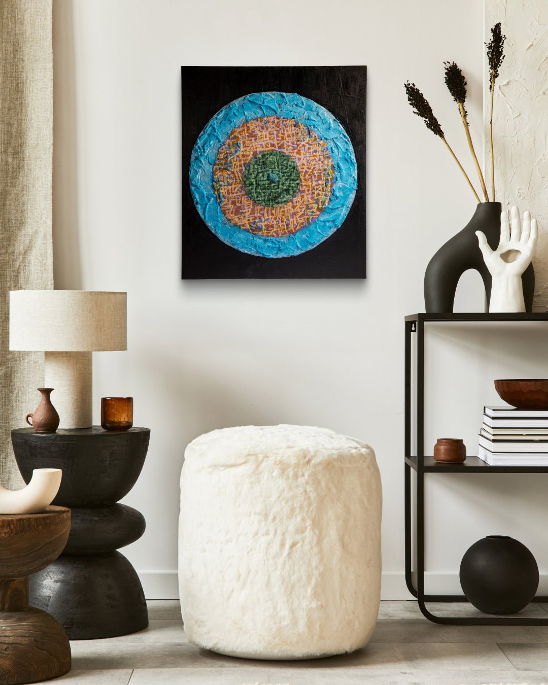 Sympathy-07 by PAN YUNMAN displayed in modern living room, original Korean mixed media painting 2025