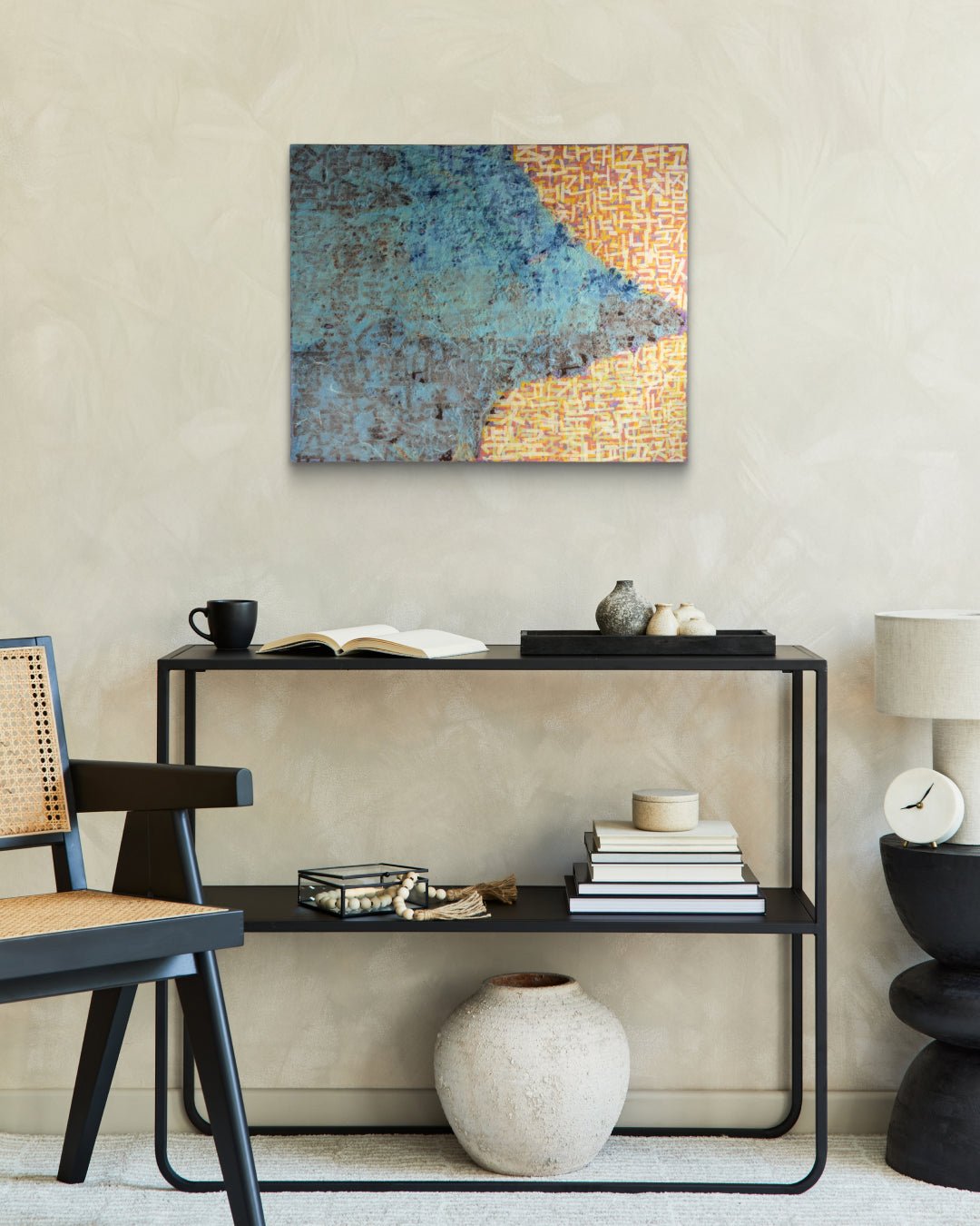 Sympathy-09 by PAN YUNMAN displayed in modern living room, original Korean mixed media painting 2025
