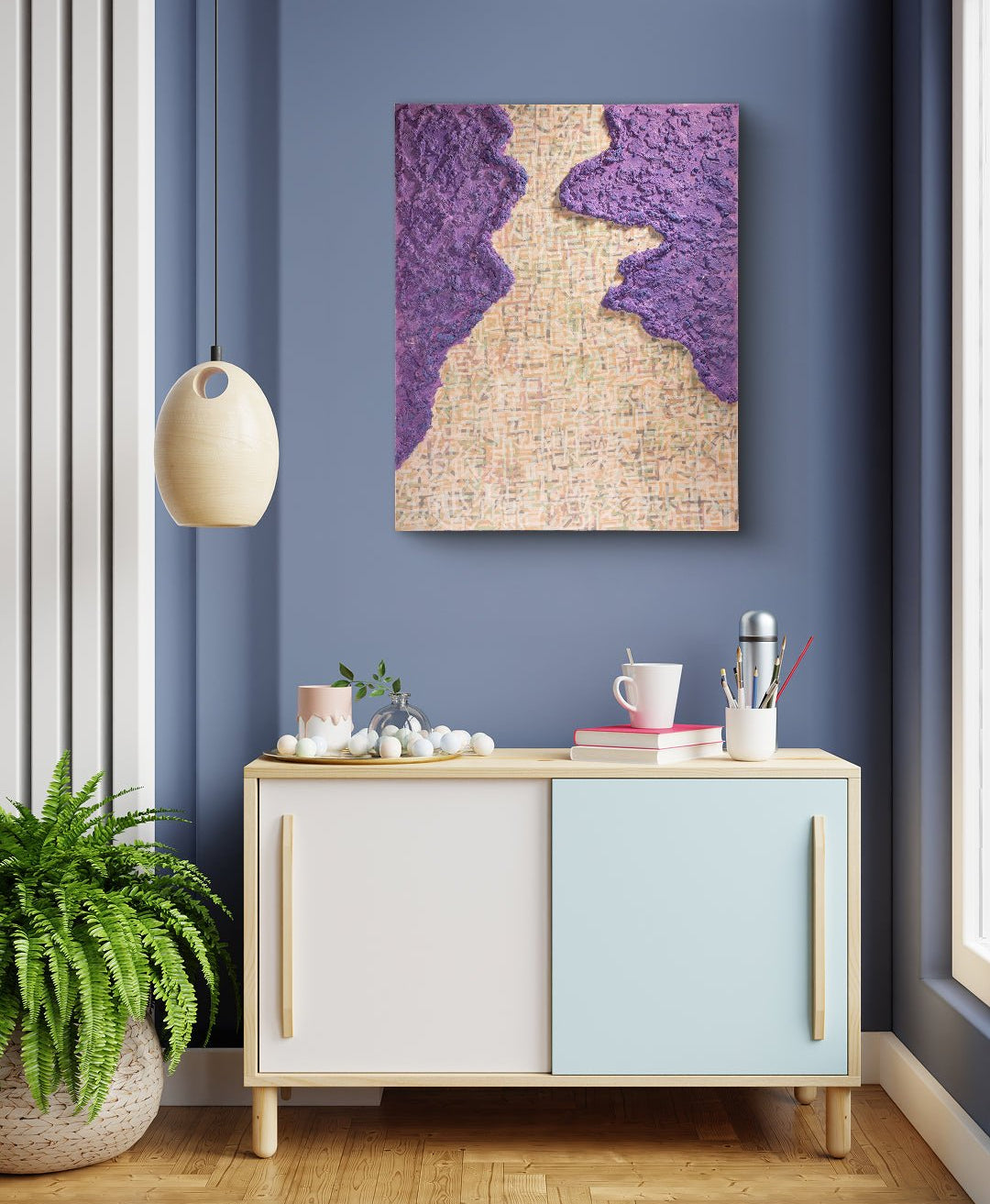 Sympathy-14 by Pan Yunman displayed in modern living room, original Korean contemporary mixed media artwork 2025