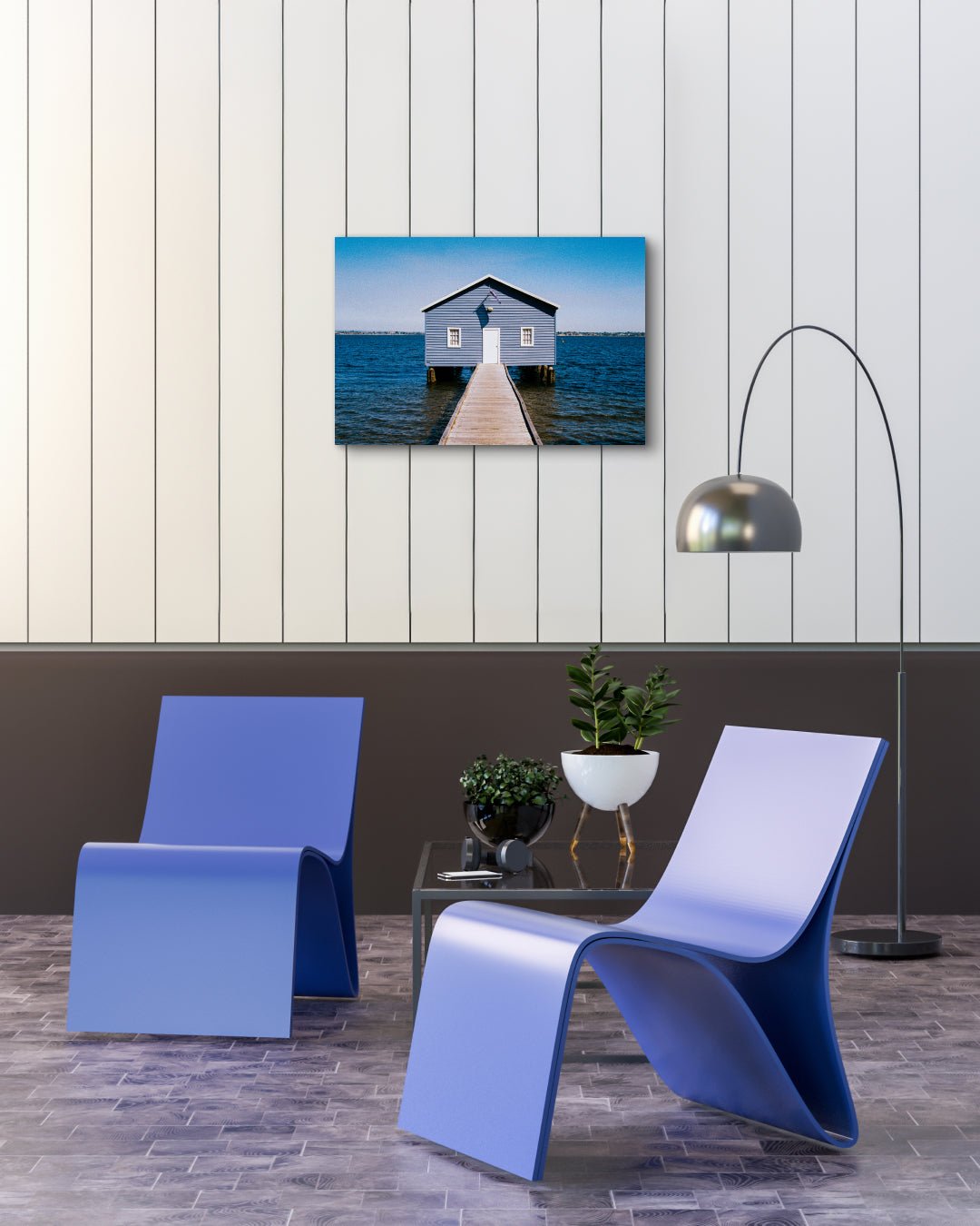 The Blue Pause by SeongHa LEE displayed in modern living room, original Korean fine art photography 2025