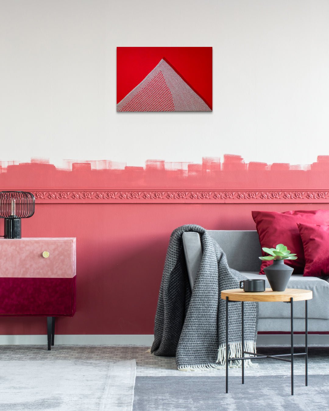 The contemplation of mountains_Red 1 of 2 by KELLEY KIM displayed in modern living room, original Korean textile art 2023