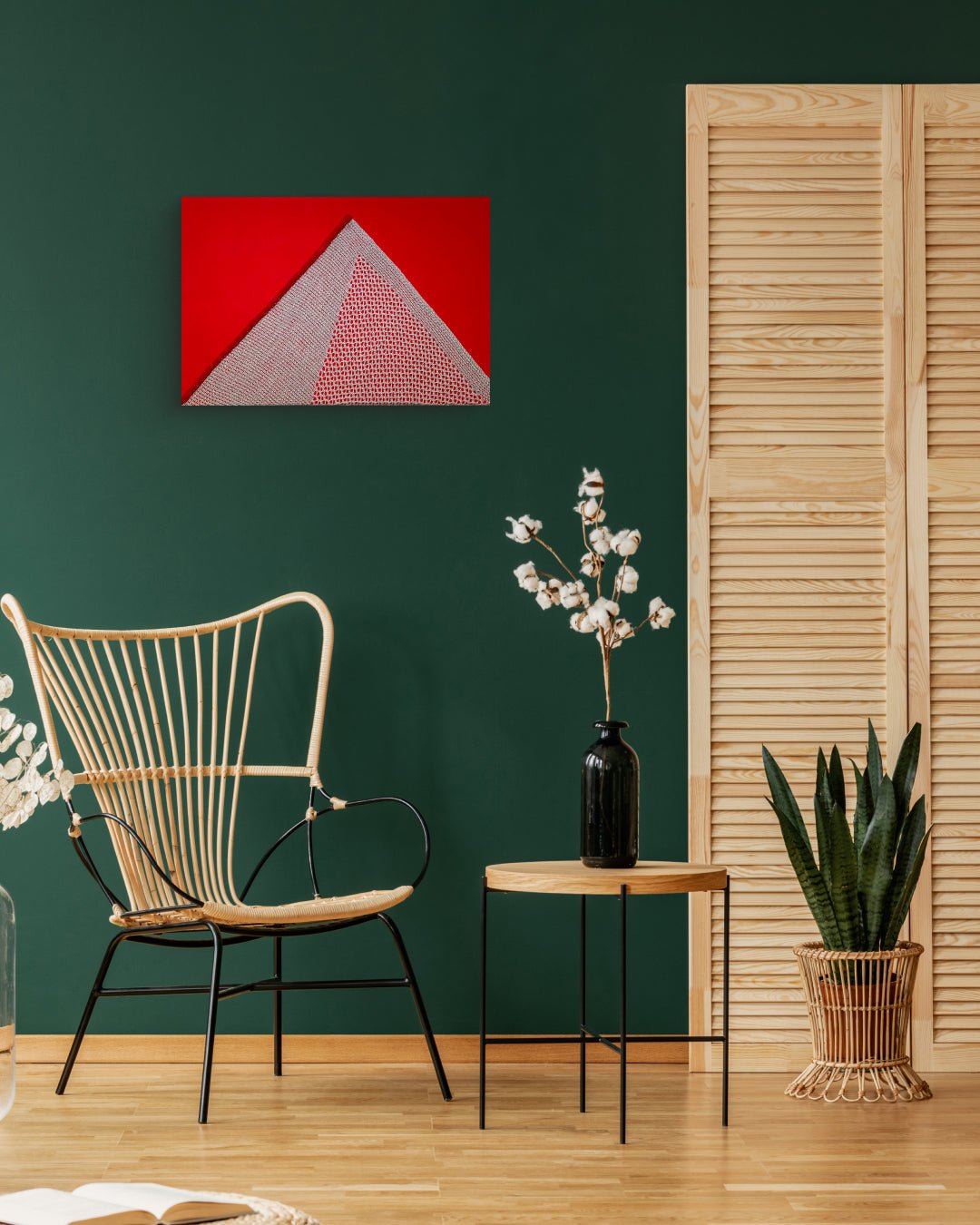 The contemplation of mountains_Red 2 of 2 by KELLEY KIM displayed in modern living room, original Korean textile art 2023