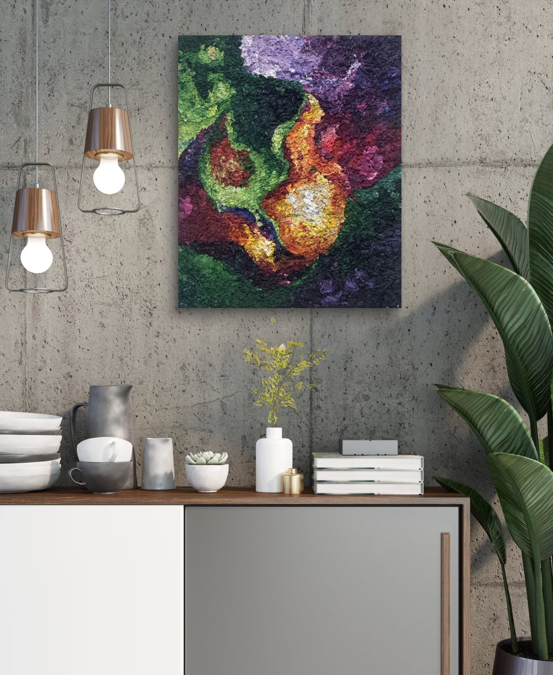 The Light of Recovery by Baek I-re displayed in modern living room, original Korean mixed media painting 2025