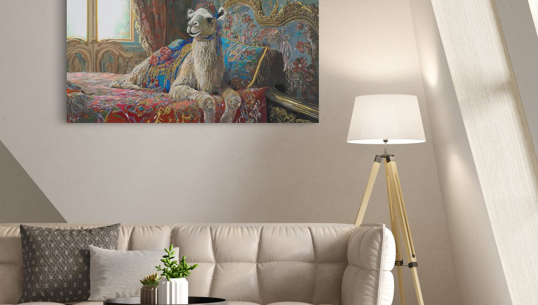 korean art, The Royal Camel - DOKHBI ARTWORKS Painting Yun Song - A ARTWORKS dokkaebi dokebi k - art The Royal Camel by Yun Song - A displayed in modern living room, original Korean painting 2025 DOKHBI