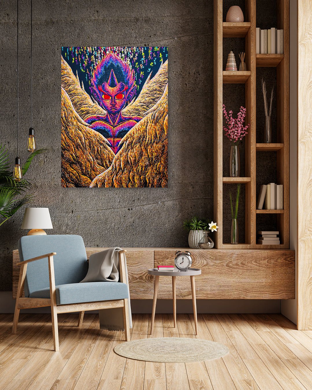 The Winged Boy by Kang Hoon displayed in modern living room, original Korean painting 2025