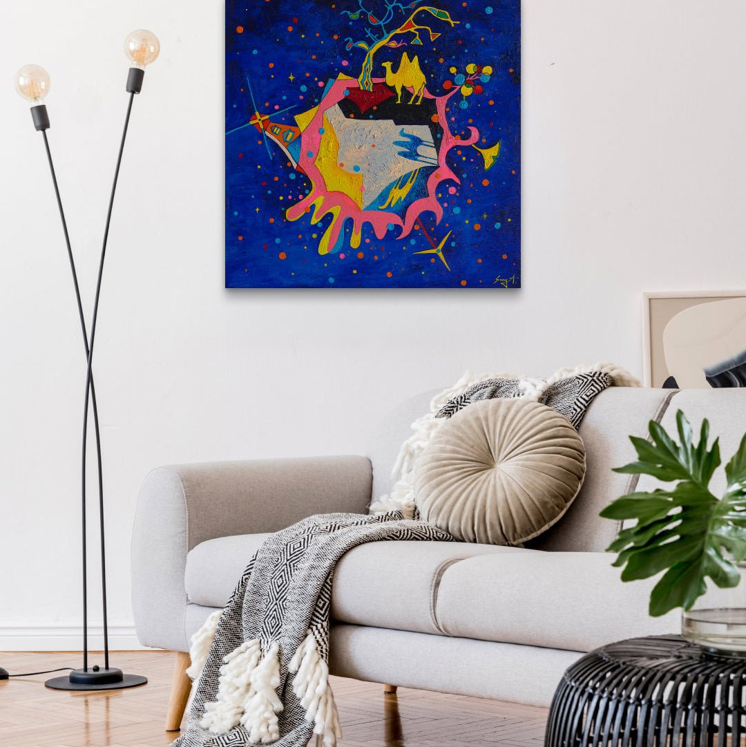 korean art, Trip around the World - DOKHBI ARTWORKS Painting Yun Song - A ARTWORKS dokkaebi dokebi k - art Trip around the World by Yun Song - A displayed in modern living room, original Korean painting 2025 DOKHBI
