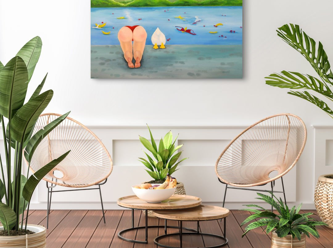 Turning a blind eye by Sijin Lee displayed in modern living room, original Korean painting 2025