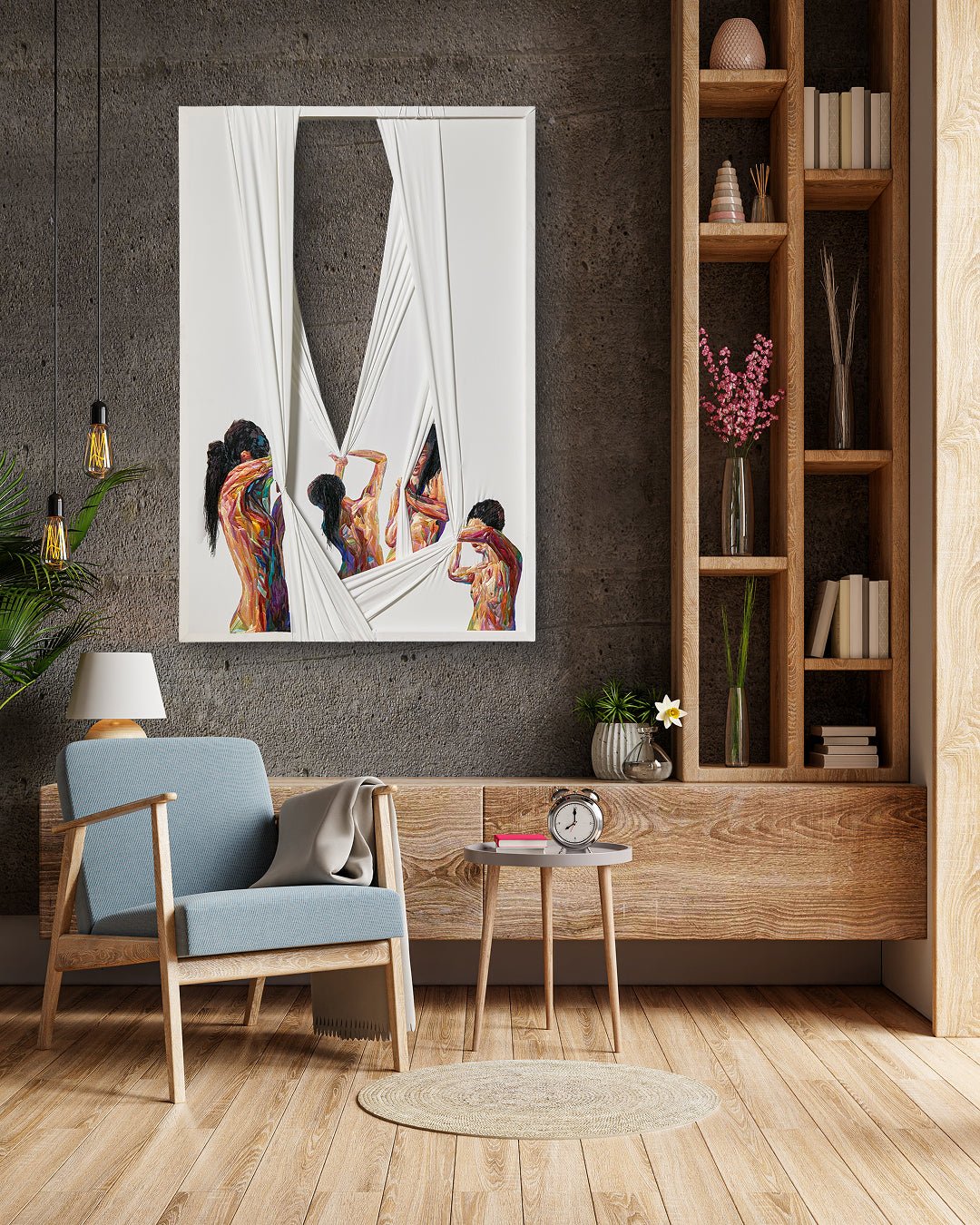 Unveil by Ji Young Kim displayed in modern living room, original Korean embroidery art 2019