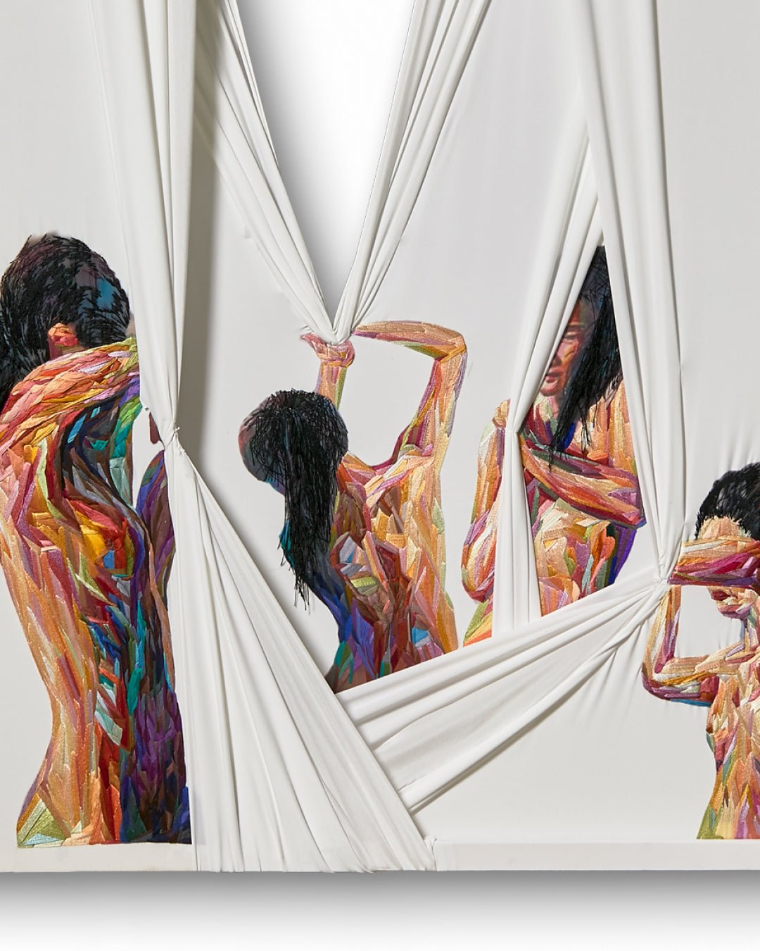 Unveil close-up detail, silk cotton thread embroidery texture by Korean artist Ji Young Kim