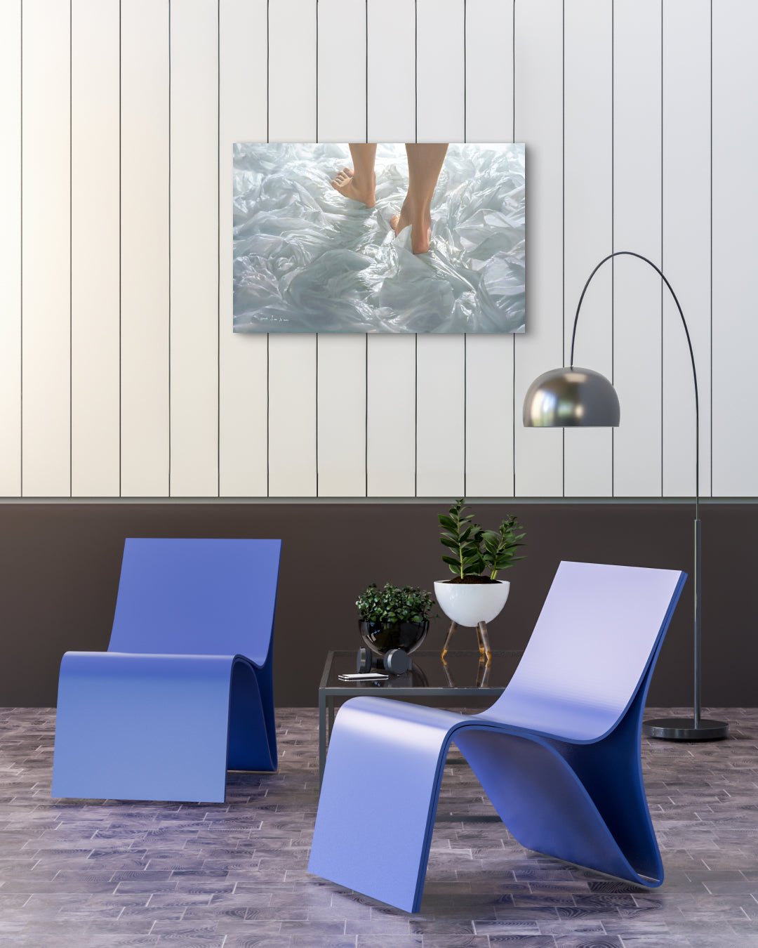 Walk (w-3) II by Lee Ju Won displayed in modern living room, original Korean painting 2022