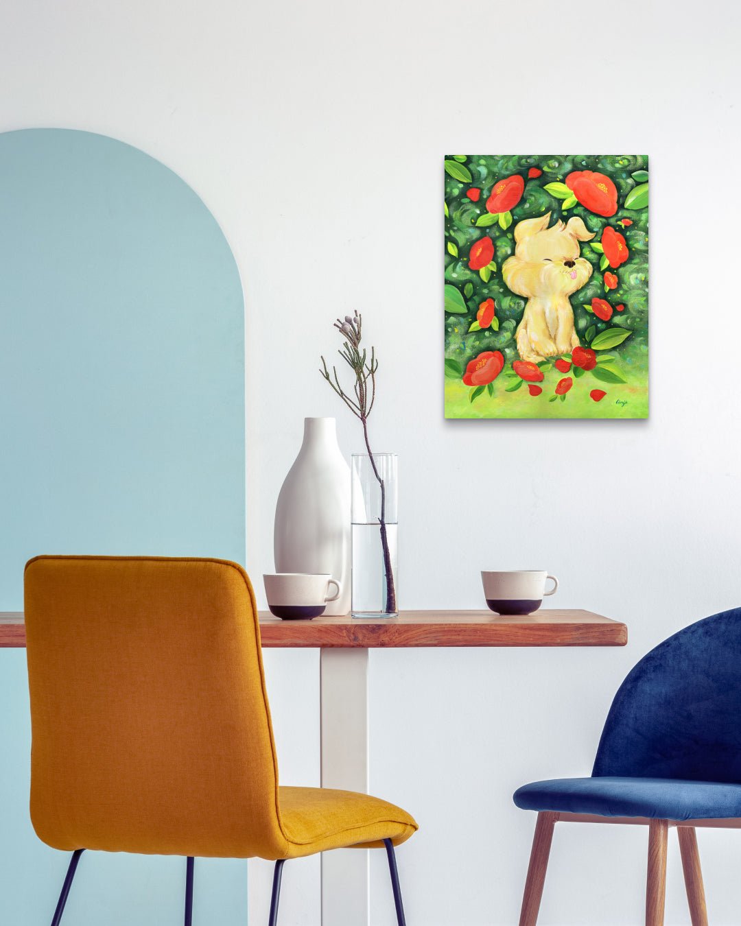 korean art, When camellias bloom - DOKHBI $1000 ARTWORKS Mint ARTWORKS dokkaebi dokebi k - art When camellias bloom by Mint displayed in modern living room, original Korean painting 2025 DOKHBI