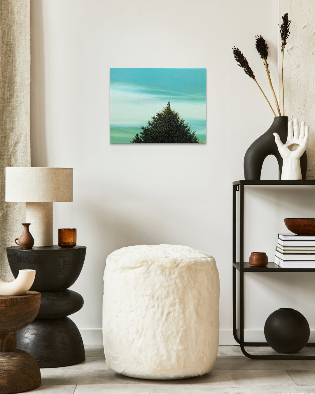 korean art, Wooden Chair - DOKHBI $1000 ARTWORKS Min Yul ARTWORKS dokkaebi dokebi k - art Wooden Chair by Min Yul displayed in modern living room, original Korean landscape painting 2025 DOKHBI