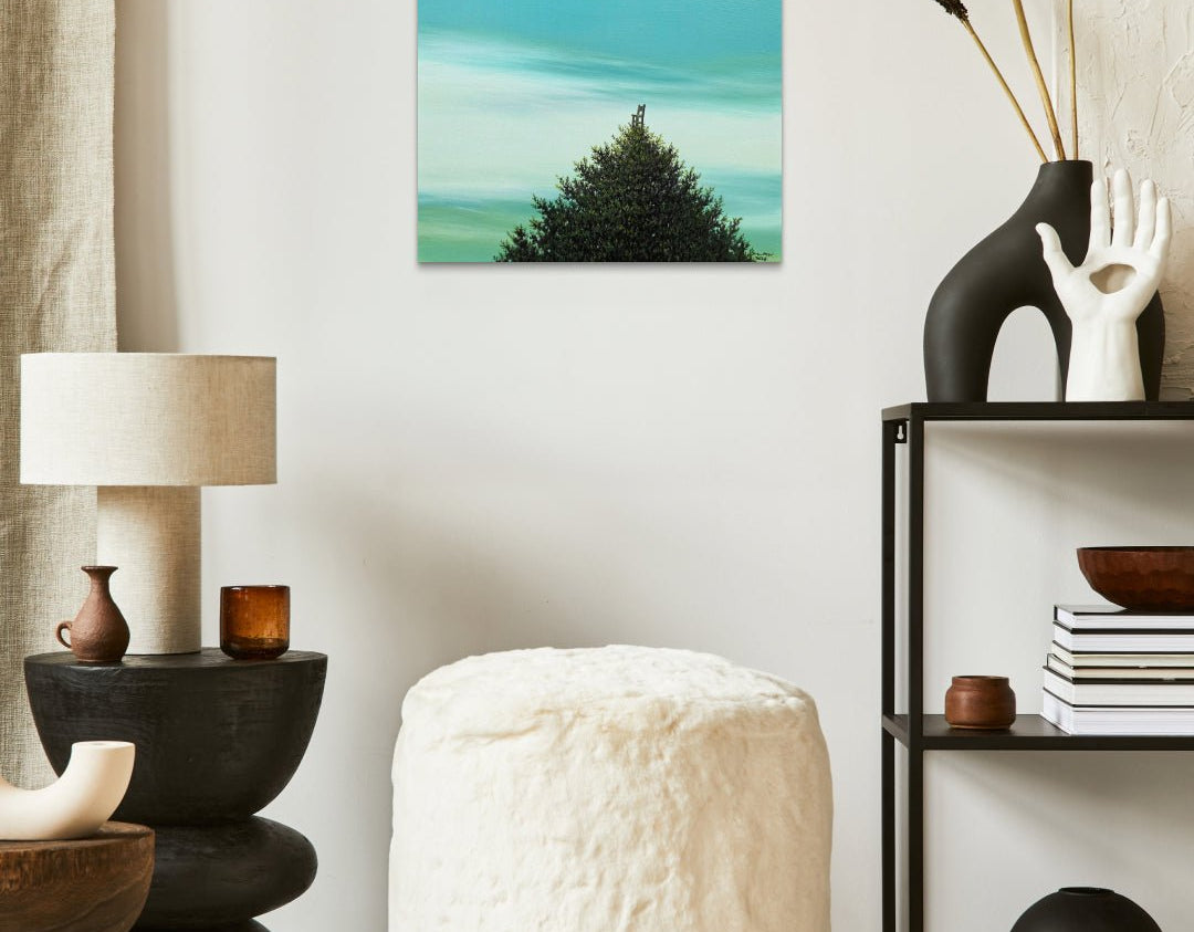 korean art, Wooden Chair - DOKHBI $1000 ARTWORKS Min Yul ARTWORKS dokkaebi dokebi k - art Wooden Chair by Min Yul displayed in modern living room, original Korean landscape painting 2025 DOKHBI
