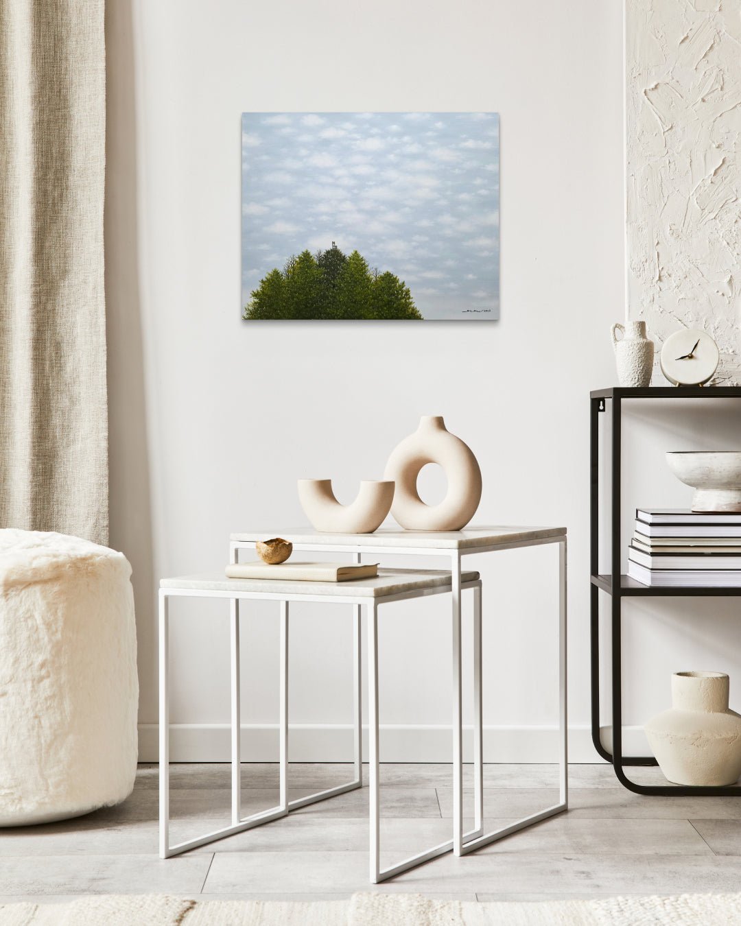 korean art, Wooden Chair - DOKHBI ARTWORKS Min Yul Painting ARTWORKS dokkaebi dokebi k - art Wooden Chair by Min Yul displayed in modern living room, original Korean landscape painting 2025 DOKHBI