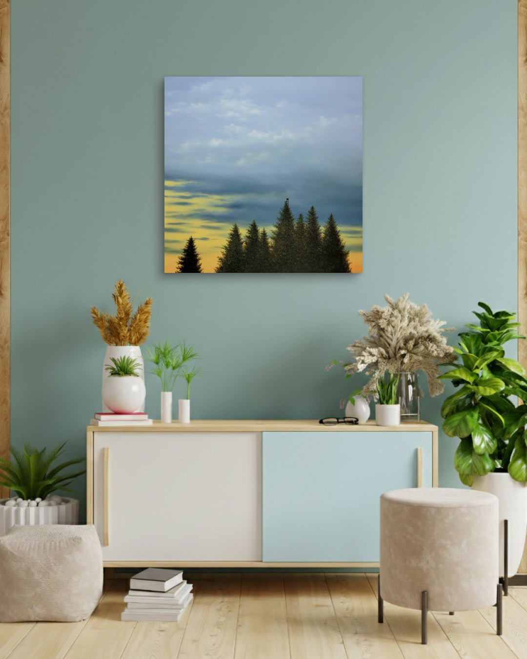 korean art, Wooden Chair - DOKHBI ARTWORKS Min Yul Painting ARTWORKS dokkaebi dokebi k - art Wooden Chair by Min Yul displayed in modern living room, original Korean landscape painting 2023 DOKHBI