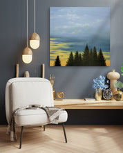 korean art, Wooden Chair - DOKHBI ARTWORKS Min Yul Painting ARTWORKS dokkaebi dokebi k - art Wooden Chair by Min Yul displayed in modern living room, original Korean landscape painting 2023 DOKHBI