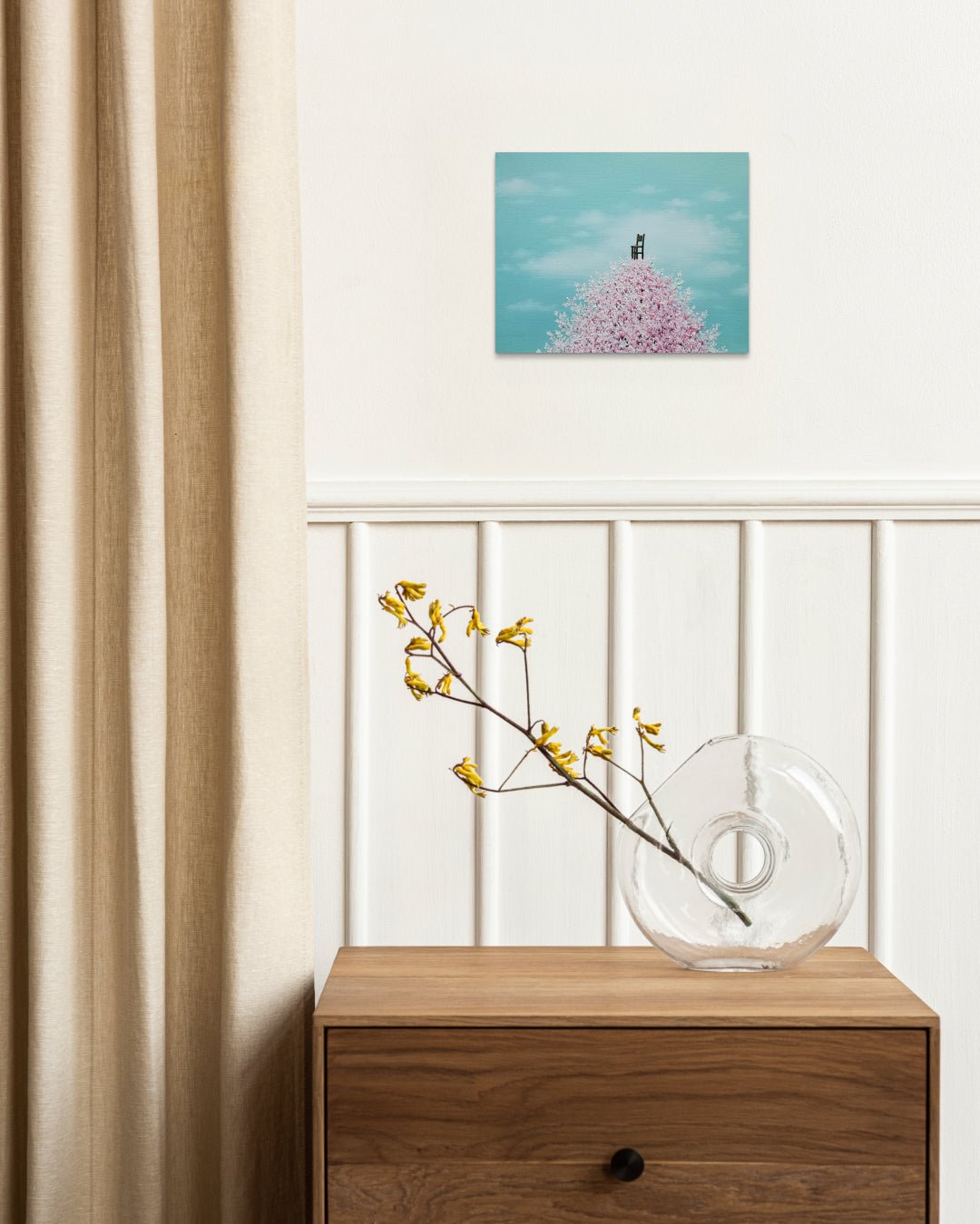 korean art, Wooden Chair - DOKHBI $1000 ARTWORKS Min Yul ARTWORKS dokkaebi dokebi k - art Wooden Chair by Min Yul displayed in modern living room, original Korean landscape painting 2025 DOKHBI