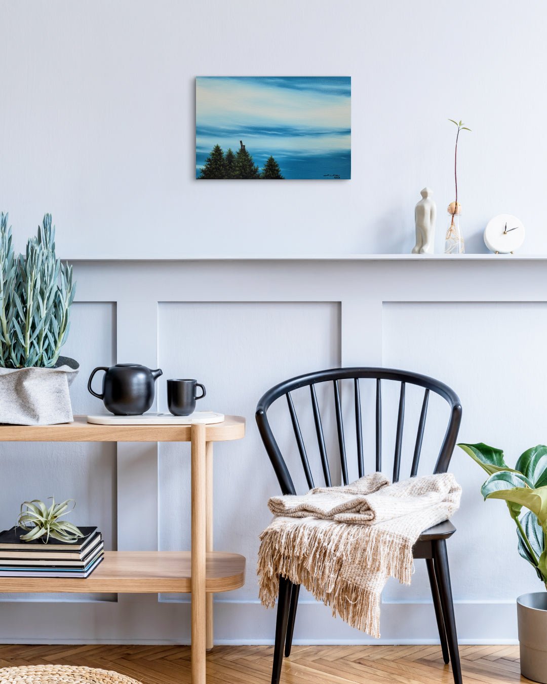 korean art, Wooden Chair - DOKHBI $1000 ARTWORKS Min Yul ARTWORKS dokkaebi dokebi k - art Wooden Chair by Min Yul displayed in modern living room, original Korean landscape painting 2023 DOKHBI